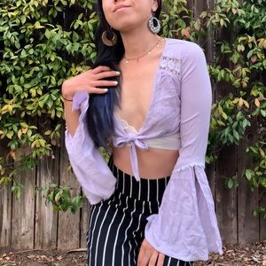 Purple front-tie crop flare sleeved top
